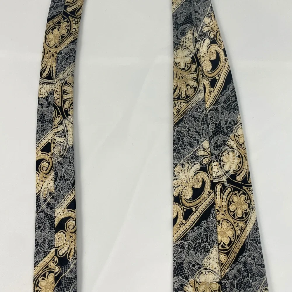 Christian Lacroix Tie Floral Lace Print Stripe Silk Necktie Made in Italy Formal